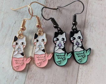Cat earrings, cat jewelry, mermaid earrings, mermaid jewelry, gifts for her, novelty earrings, novelty jewelry, quirky earrings,