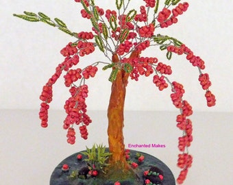 Beaded Wire Tree | Red Beaded Bonsai Tree | Wire Tree Sculpture