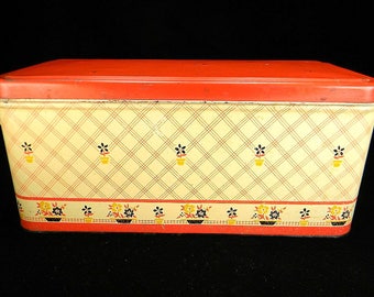 Vintage Flower Pots Loaf Bread Box with Red Lid