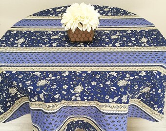 60" Round Tablecloth, French Tablecloth, Coated Tablecloth, Blue Castellane