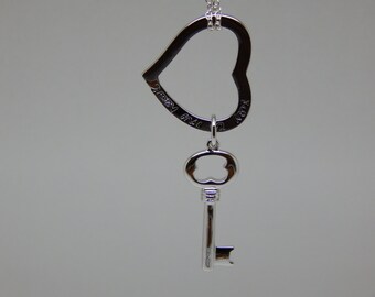 Personalized Engraved Heart Lock with Key Sterling Silver Pendant Necklace