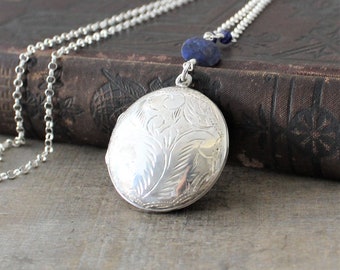Large Silver Locket Necklace, Sapphire Locket, Round Locket, Sterling Silver Locket, Photo Locket, September Birthstone Locket, Push Present
