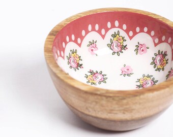 DISCOUNT 50%, festival discount,Wooden bowl, rose print, shabby chic, serving bowl, 5 inch diameter.