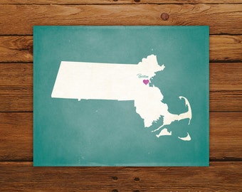 Customized Massachusetts 8 x 10 State Art Print, State Map, Heart, Silhouette, Aged-Look Print