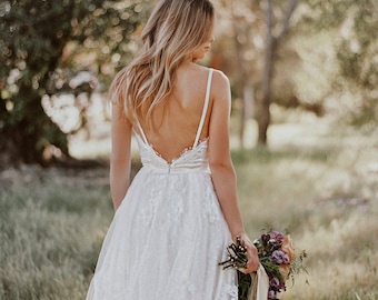 sample SALE / Gillian / Lace Bohemian Wedding Dress / Cotton Lace with OPEN BACK Boho Romantic Rustic Wedding Dress /Thin Spaghetti Straps