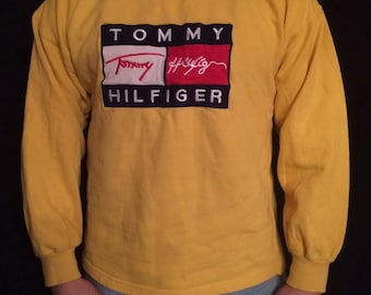 TOMMY HILFIGER sweatshirt vintage yellow shirt, 90s hip-hop clothing, 1990s hip hop shirt, OG, gangsta rap, sewn, size L Large