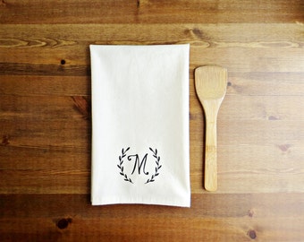 Laurel Initial Decorative Kitchen Towel - Unbleached Cotton Muslin