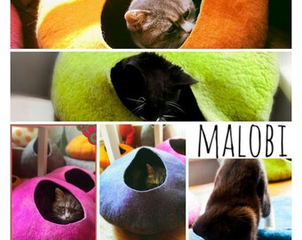 Cat Cave / cat bed - handmade felt - bright block colours - S,M,L,Xl + free felted balls