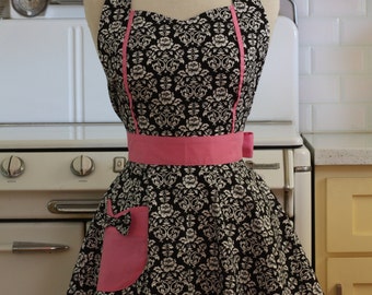 Retro Apron Black and White Floral Damask with Pink MAGGIE