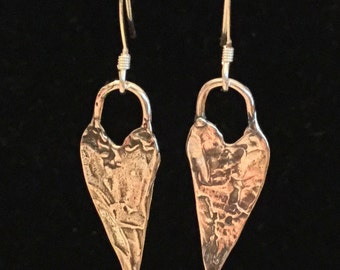 Rustic Hammered Sterling Silver Long Heart Earrings