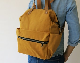 Canvas yellow mustard diaper Backpack ,handbag, Canvas backpack, Diaper Bag, Laptop bag, Women , unisex , School bag, Vegan Leather