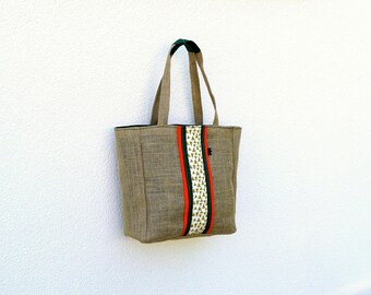 Green and coral burlap Tote