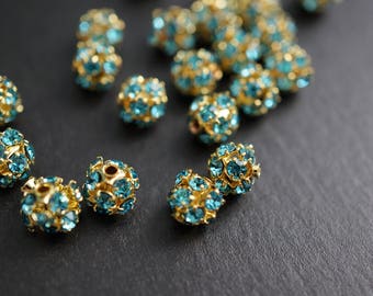 18K Gold Plated Turquoise Blue Crystal Pave Rhinestone Ball Beads - 6mm - 10 pcs