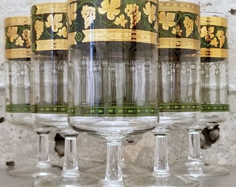 Vintage Set of 6 Cera "Golden Grapes" Patterned Wine/Water Glasses/Goblets Vintage Barware/Glassware/Stemware Retro Mixology