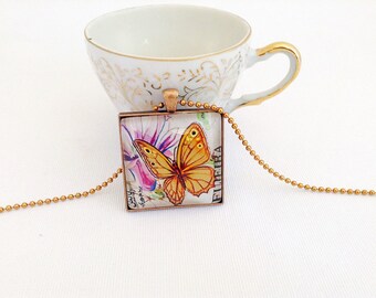 golden butterfly necklace, 1967 postage stamp, square butterfly pendant, gold butterfly stamp necklace