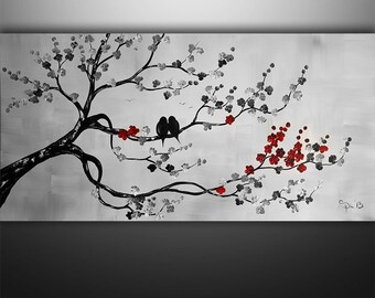 Abstract Painting, Birds Painting, Abstract Art, Tree Painting, Cherry Blossom, Wall Art, Wall Decor, Art By Gabriela, Sakura, Made To Order