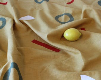 Hand Screen Printed Mustard Linen Throw Blanket Table Cloth