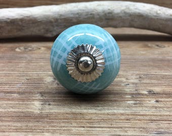 Aqua Blue Ceramic Knob with Criss Cross Pattern and Silver Base - Blue Drawer Pull Decorative Knob - Cabinet Knob
