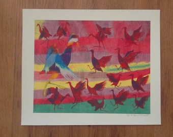 Red, Blue and White oil pastel birds, giclée print