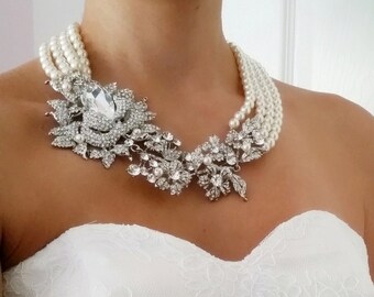 Bridal Statement Necklace, Chunky Statement Necklace, Pearl Brooch Necklace, Art Deco Bridal Jewelry, Statement Wedding Necklace, Swarovski
