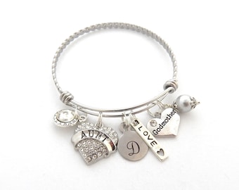 GODMOTHER GIFT, Godmother Bracelet, Gifts for Godmothers, New Aunt Bangle, Godmother Charm, Initial Bracelet, AUNT Jewelry, Aunt Charm