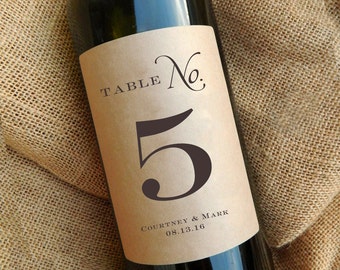 Table Number Wine Labels \\ PERSONALIZED with Name and Date \\ Custom Wedding Centerpiece \\ Kraft or White