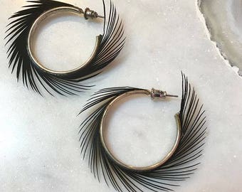 Feather earrings on 1.5" sterling silver hoops