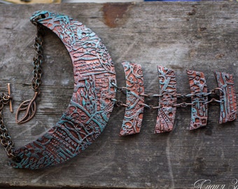 Distressed copper Statement necklace large Bib necklace massive necklace steampunk necklace patina necklace polymer clay necklace