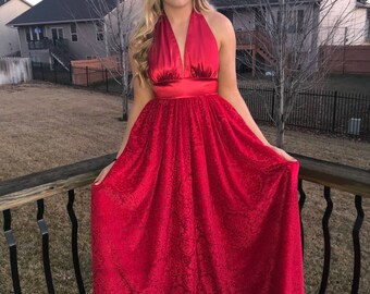 Red Satin/Velvet Backless Halter Floor Length Evening Gown
