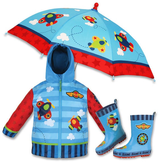 3 Pieces Set Stephen Joseph Airplane Rain Gear, Umbrella, Rain Coat and Rain Boots.