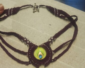 Tidal neck macrame purple and green Peacock feather.