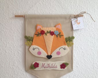 Name tag with Fox, pennant with Fox, mural with Fox, pennant with wish name, mural with Name, Fox mural, pennant of Fabric