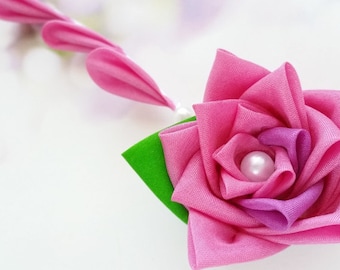 Pink Rose Silk Kanzashi Flower Hair Clip