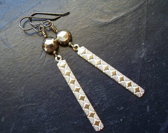 Genuine Pyrite Faceted Coin Bead Earrings Solid Brass Argyle Dangle Earrings Boho Gypsy Summer Festival Rustic Wedding Leo Zodiac Stone