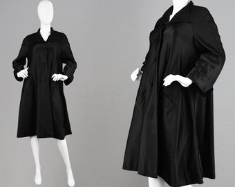 Vintage 50s HARDY AMIES COUTURE 1950s Swing Coat Silk Opera Coat Classic Black Oversized Coat Savile Row Jacket Black Satin Coat Evening