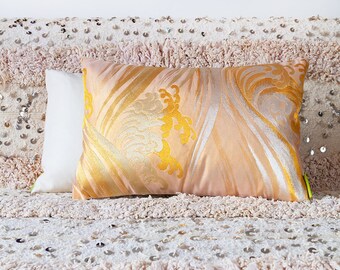 Gold Cream Cushion, Metallic Wave Pillow, Gold Oriental Cushion, Japanese Obi Pillow, Ocean Decor, Vintage Silk Kimono Cushion, Hokusai Wave