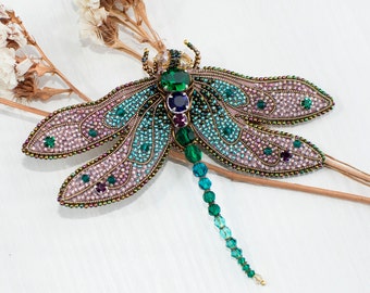 Dragonfly brooch, Beaded embroidery, Art Nouveau pin, Art deco jewelry, Shawl pin,Green pink insect,Big broach,Statement brooch,Gift for her