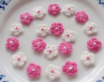 20 Mini Crochet Flowers In Hot Pink, White YH-222-02