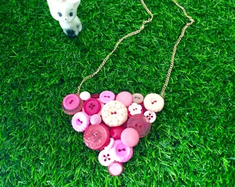Pink Button Necklace, Retro, Vintage Button Necklace, Pink, Colourful, Rose Gold Statement Necklace