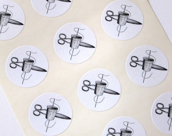Sewing Stickers Scissors, Thimble, Thread One Inch Round Seals