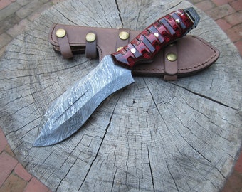 Damascus Steel Bush Survival Knife 11.5" with Red Dymondwood Handle
