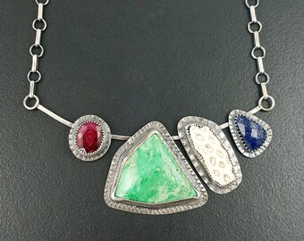 Variscite Necklace, sterling silver, coral, stamped necklace, boho necklace, michele grady, lapis jewelry, ruby, multi stone,bohemian