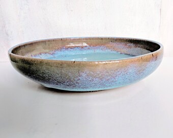 Ceramic Serving Bowl, Blue Stoneware, Handmade Bowl, Organic Freeform Dish, Shallow Pottery Bowl, Fruit Bowl