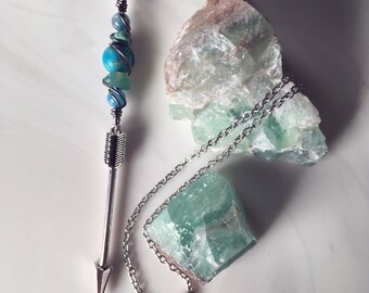 Arrow and Gemstones Wire Wrapped Pendant Long Necklace