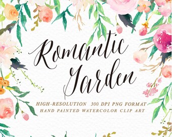 Watercolor flower Clip Art-Romantic Garden/Wedding invitation/Individual PNG files/Hand Painted