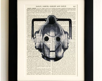 FRAMED ART PRINT on old antique book page - Cyberman, Doctor Who, Upcycled Wall Art Print Encyclopaedia Dictionary Page