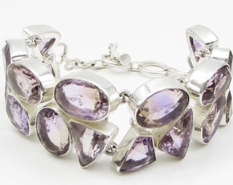 925 sterling silver - multi-cut amethyst 27mm heavy chain bracelet - b1062
