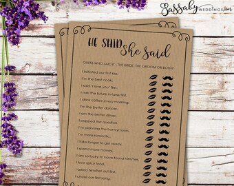 He Said She Said Bridal Shower Game - INSTANT DOWNLOAD - Printable Brown Kraft Paper Look Wedding Shower Games / Sassaby Weddings