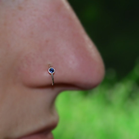 Silver Nose Ring - Blue Sapphire Nose Hoop - Rook Earring - Septum Piercing - Tragus Jewelry - Cartilage Earring Hoop - Daith Ring 16 gauge