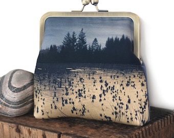 Pines cross-body shoulder bag with kisslock purse frame, reeds, loch, lake, natural landscape